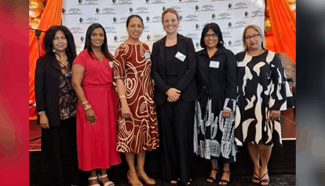 Dr Carla (Sharpe) Mitchell (centre) with the organising committee: Dr Patricia Govender, Dr Vino Paideya, Professor Thishana Singh, Professor Brenda Moodley, and Dr Chantal Koorbanally.