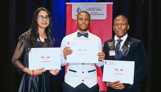 Deputy Vice-Chancellor Scholarship winners (from left): Ms Ashmika Ramsaran, Mr Minentle Vikwa, and Mr Inga Thanduxolo Kunene.