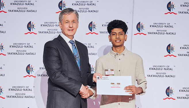 Mr Ashton Perumaul (right) – proud recipient of two scholarships – with Dr Mark Hay, UKZN Council member.